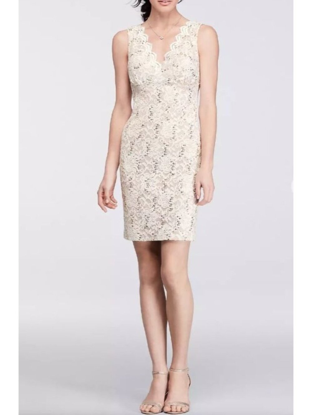 Morgan & Co Lace Party Dress Womens 7/8 White Tan Gold Sequins Wedding Prom